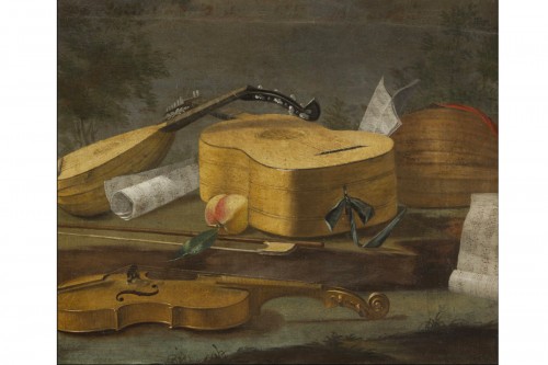 Nature morte avec instruments musicaux, partitions et une pêche - "Pseudo Resani" 