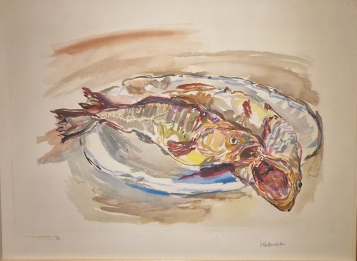 Tableaux et dessins Dessin, Aquarelle & Pastel - Poissons 1979 - Oskar KOKOSCHKA (1886 - 1980)