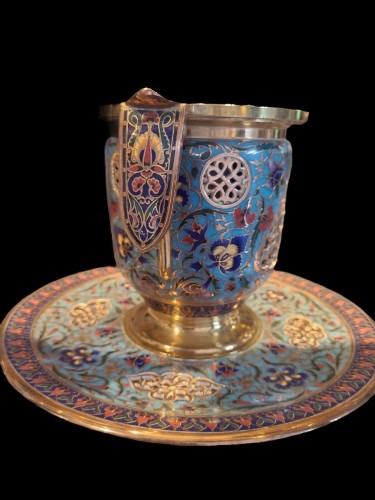 Objet de décoration Cassolettes, coupe et vase - Pot à anses et son plateau en émail cloisonné signé:F.Barbedienne