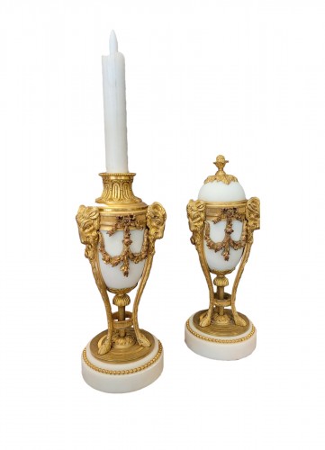 Carrara marble and gilded bronze cassolette candleholders