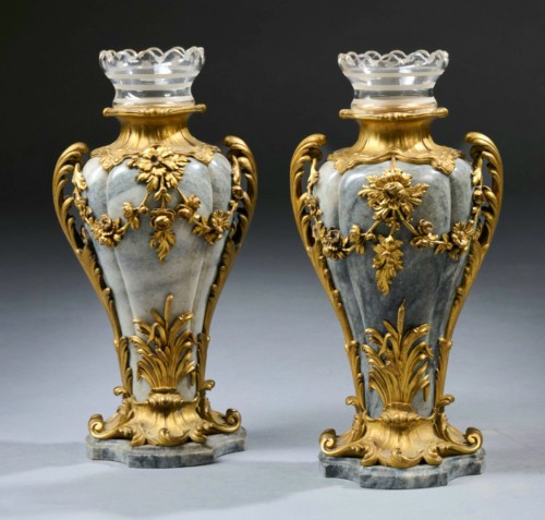 Paire de vases en marbre, bronze doré et cristal 19e siècle - Objet de décoration Style Napoléon III