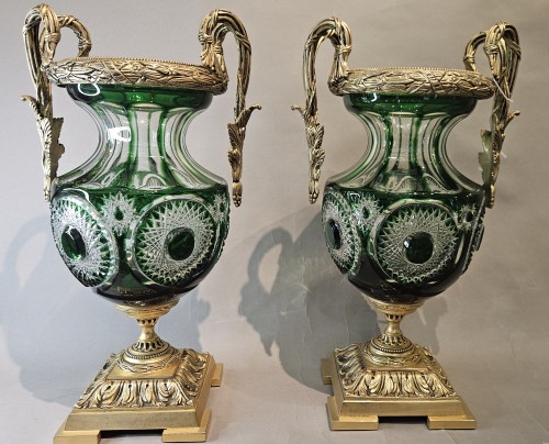 Antiquités - Paire de vases Médicis en Cristal Benito et bronze