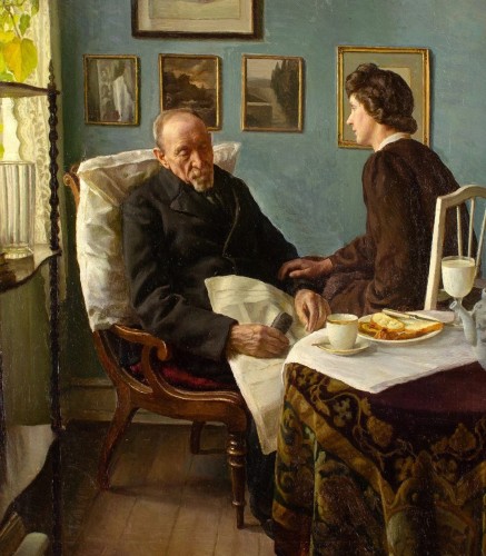 Intérieur avec un homme âgé endormi -  Sophus Vermehren (1866-1950)