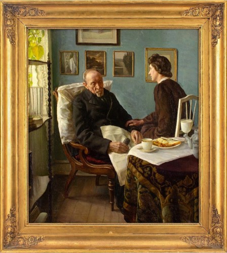 Intérieur avec un homme âgé endormi -  Sophus Vermehren (1866-1950) - Tableaux et dessins Style 