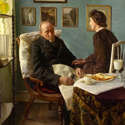 Tableaux et dessins  - Intérieur avec un homme âgé endormi -  Sophus Vermehren (1866-1950)