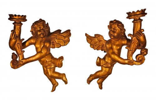 18th C Pair of carved and gilded wood torch holder cherubs