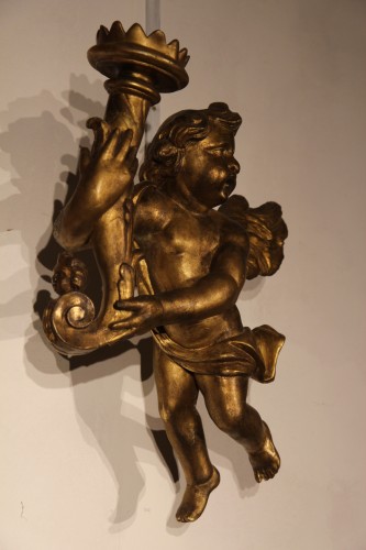 Decorative Objects  - 18th C Pair of carved and gilded wood torch holder cherubs