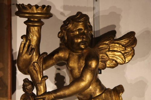 18th century - 18th C Pair of carved and gilded wood torch holder cherubs