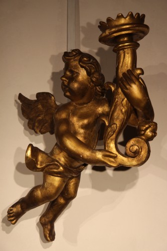 18th C Pair of carved and gilded wood torch holder cherubs - 