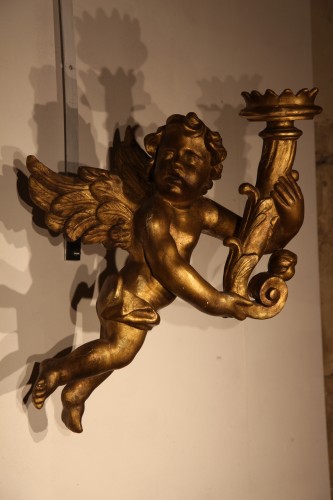  - 18th C Pair of carved and gilded wood torch holder cherubs