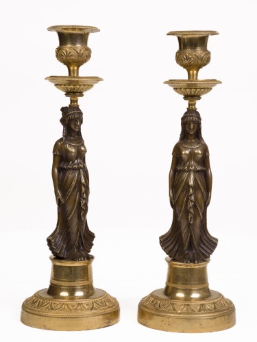 Pair of Empire period patinated and gilt bronze candlesticks - Lighting Style Empire