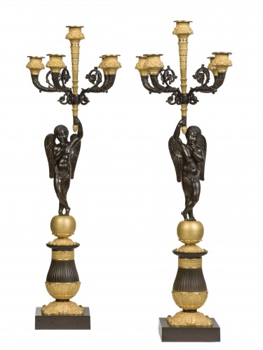 Paire de candélabres en bronze patiné et doré  Epoque Restauration