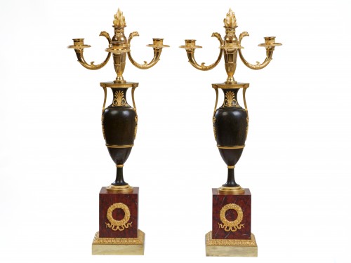 Paire de candélabres en bronze patiné et doré  époque Empire