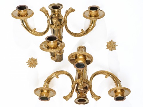 Paire de candélabres en bronze patiné et doré  époque Empire - Empire