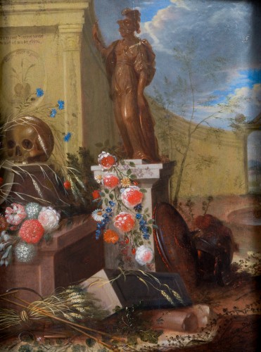 Andreas von Düwens (?-1716). - Vanitas with Pallas Athena, Wheat, and Flowers - Paintings & Drawings Style 