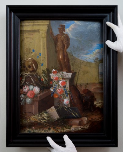 Paintings & Drawings  - Andreas von Düwens (?-1716). - Vanitas with Pallas Athena, Wheat, and Flowers