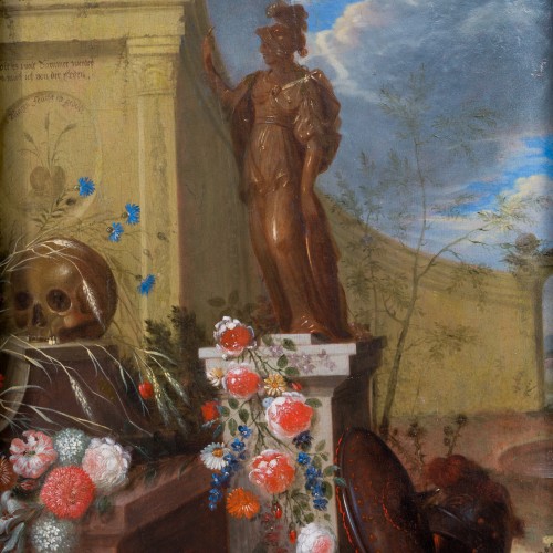 Andreas von Düwens (?-1716). - Vanitas with Pallas Athena, Wheat, and Flowers - 