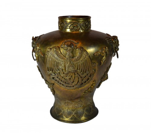 Vase en cuivre doré,appliqué de Phoenix et Lions, Chine dynastie Qing