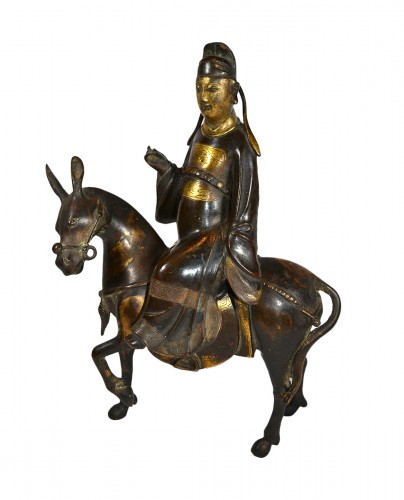 Su-Shi chevauchant sa mule en bronze doré d'époque Ming, Chine 17e siècle