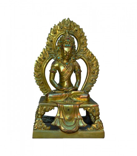 Bouddha en bronze doré incrusté de pierre, Chine 18e siècle règne de Qianlong