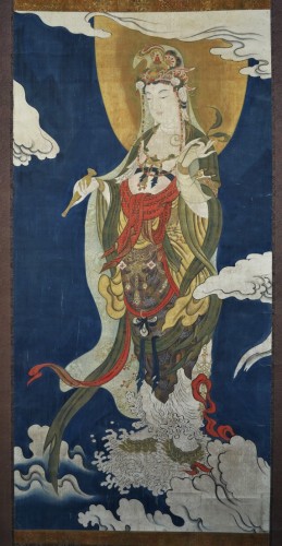 Kakemono aquarelle sur soie représentant Guanyin, japon période Edo