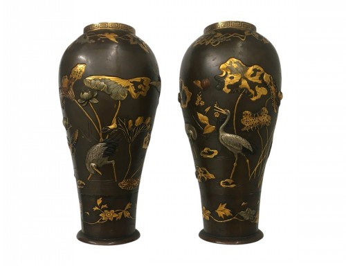 Paire de vases en métaux précieux, Japon période Meiji fin du 19e siècle