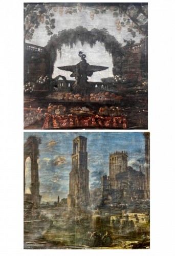 Pair of large 19th century banquet and town view paintings