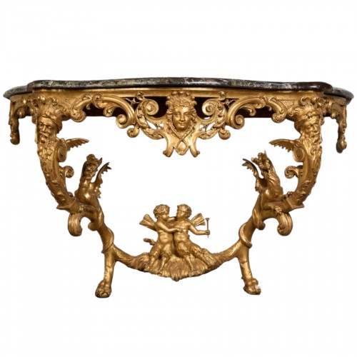 Régence wall console with winged genii, dragons and musical putti