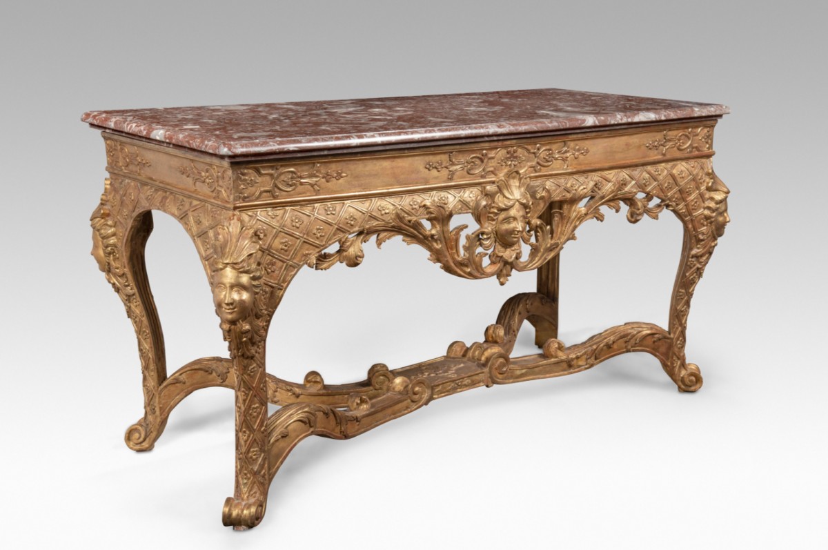 Régence period Table à gibier gilded wood and Rouge Royal marble top ...