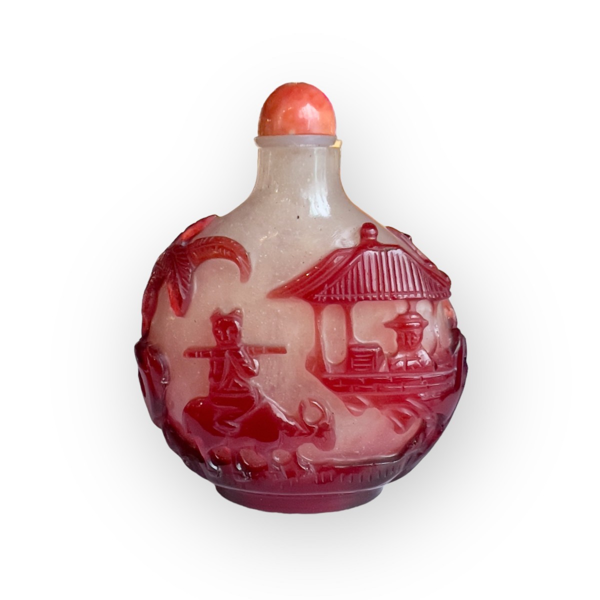 Early 20th Century Antique Carved Overlay Peking Glass Snuff Bottle