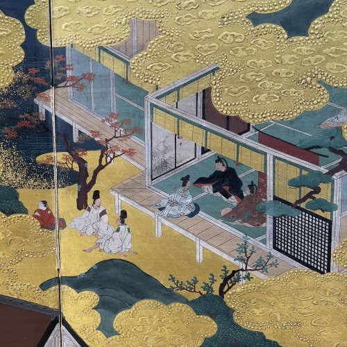 XIXe siècle - Le Dit du Genji, Paravent à six feuilles - Japon 19e siècle