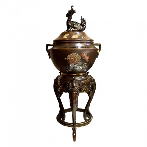 Brûle parfum en bronze et incrustations, Japon époque Meiji vers 1880.