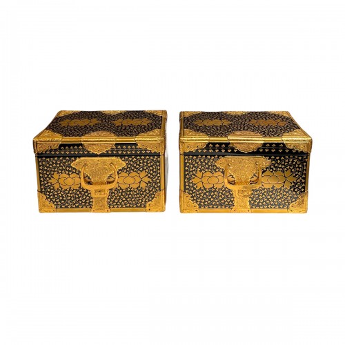 Pair of Small Japanese Black and Gold Lacquer Chests, Japan 19th Century