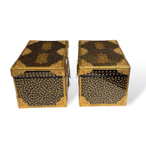 Asian Works of Art  - Pair of Small Japanese Black and Gold Lacquer Chests, Japan 19th Century