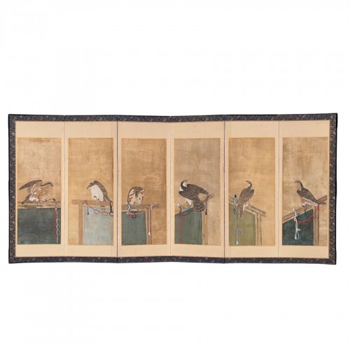 Japanese Folding Screen (2)  Kayo Zu, Falcons on a Perch, Soga School, Edo