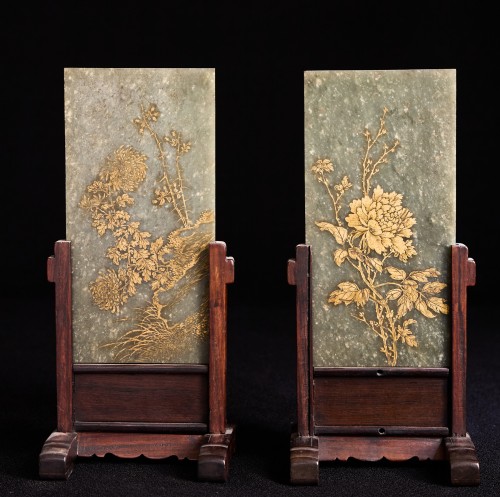 A Pair of gilt decorated spinach green jade 18th 19th century - Asian Works of Art Style 