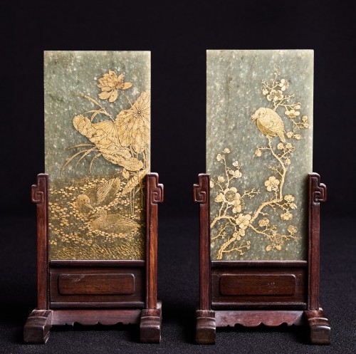 Asian Works of Art  - A Pair of gilt decorated spinach green jade 18th 19th century