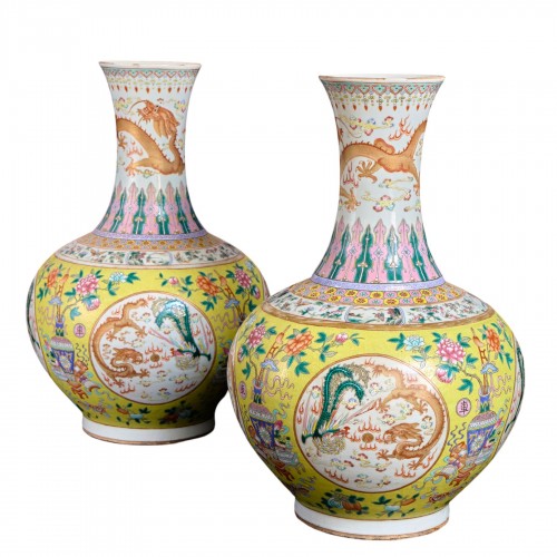 Paire de vase Chinois Tianqiuping Dragon et Phenix