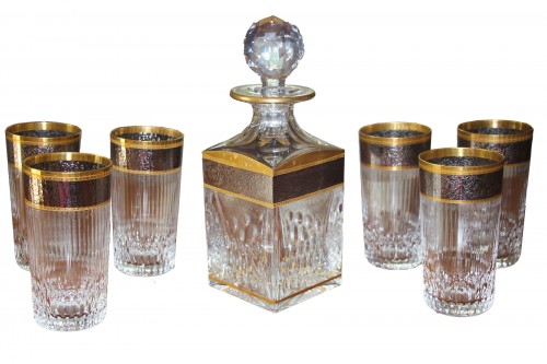 Suite de six verres et carafe à Whisky, cristal de Saint-Louis modèle Thistle