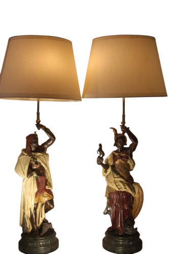 Paire de lampes en bronze et polychrome, signées Carrier-Belleuze XIXe siècle