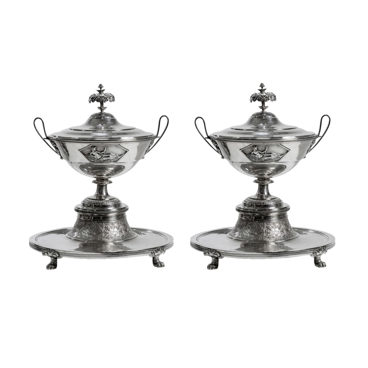 TUREENS, a pair, sterling, silver. Louis XV-style. French export