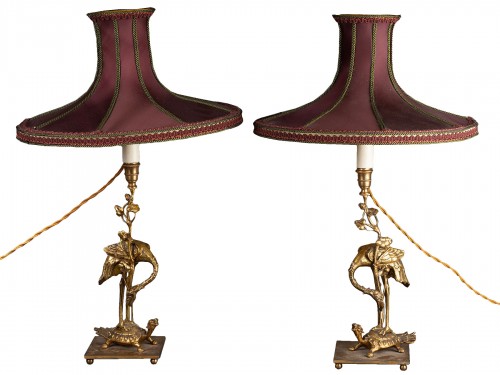 Paire de lampe en bronze et abat-jour en soie