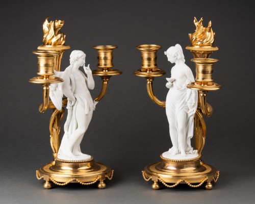 Candlesticks pair bisque and gilded bronze Louis XVI period - Lighting Style Louis XVI