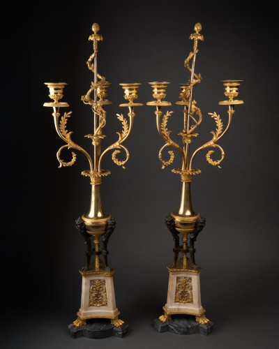 Pair of pair Louis XVI Three lights candlesticks - Lighting Style Louis XVI