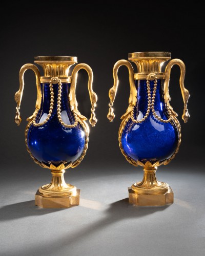 Decorative Objects  - Pair of blue glass vases in gilded bronze Louis XVI period