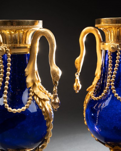 18th century - Pair of blue glass vases in gilded bronze Louis XVI period