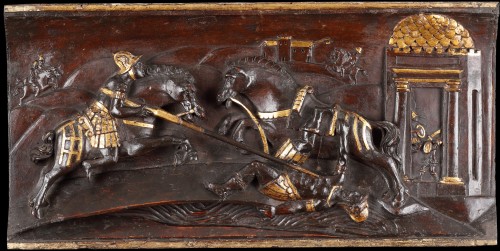 Quatre reliefs équestres toscans en bois sculpté et doré - Objet de décoration Style 