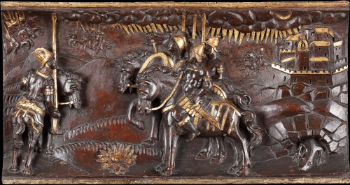 Antiquités - Quatre reliefs équestres toscans en bois sculpté et doré