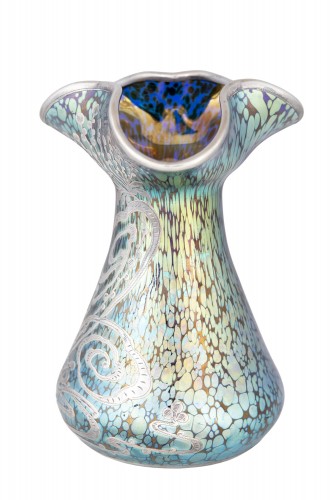 Art Nouveau Vase with silver Johann Loetz Witwe Cobalt Papillon  ca. 1900 - Art nouveau