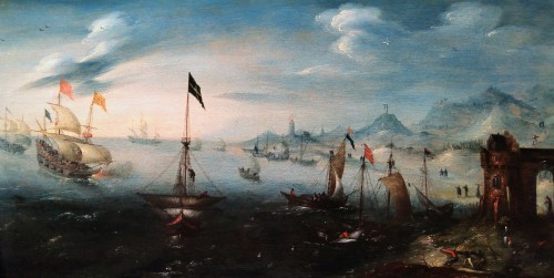 Andries van Eertvelt (1590-1652) - Ships entering a fortified Harbour